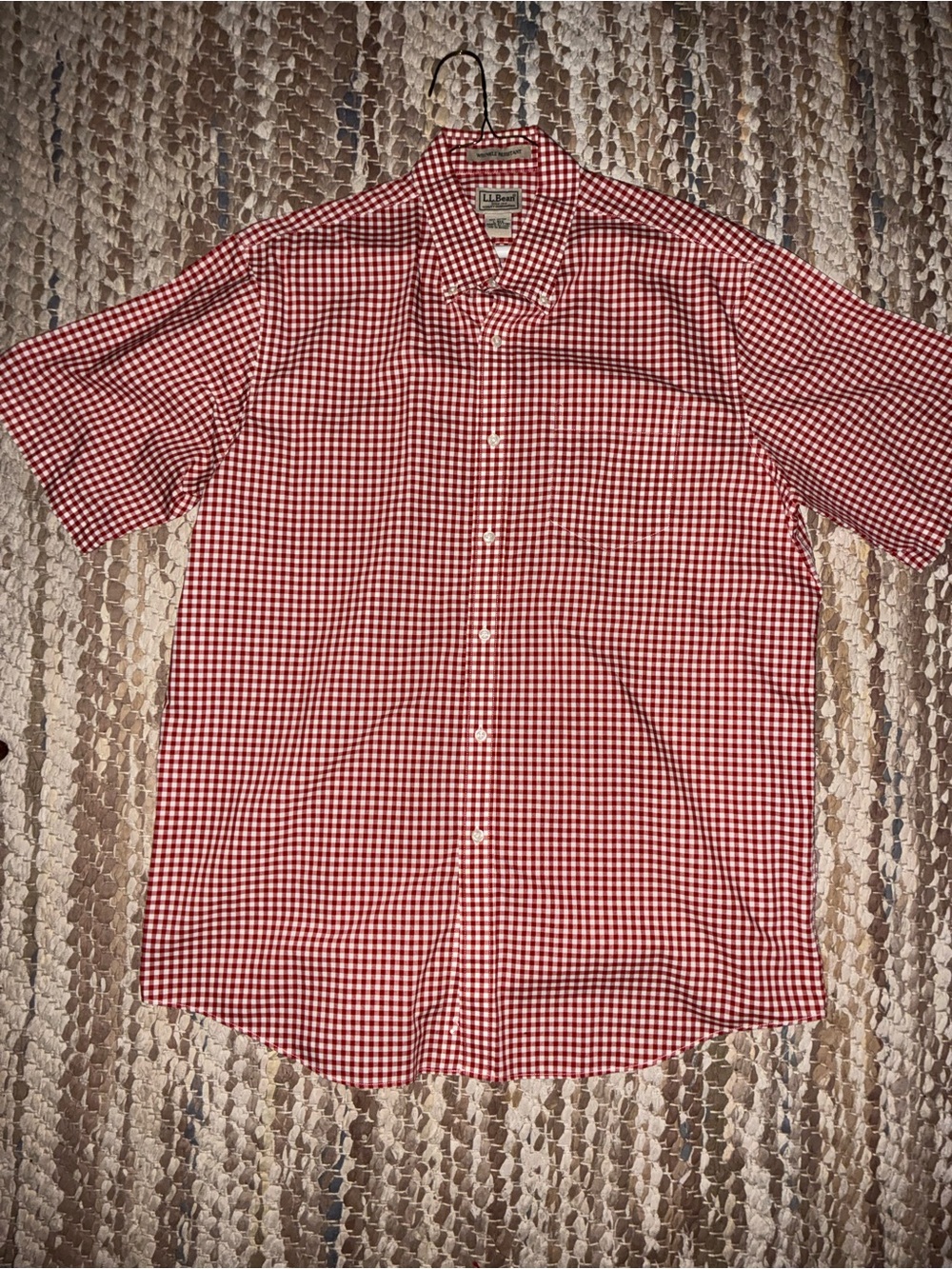 L.L. Bean Red and White Gingham Short-Sleeve Button-Down Shirt - Picture 1 of 3